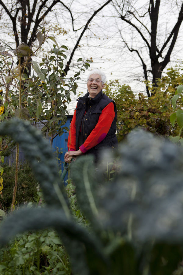 Joy Larkcom at an East london allotment, UK - November 2012